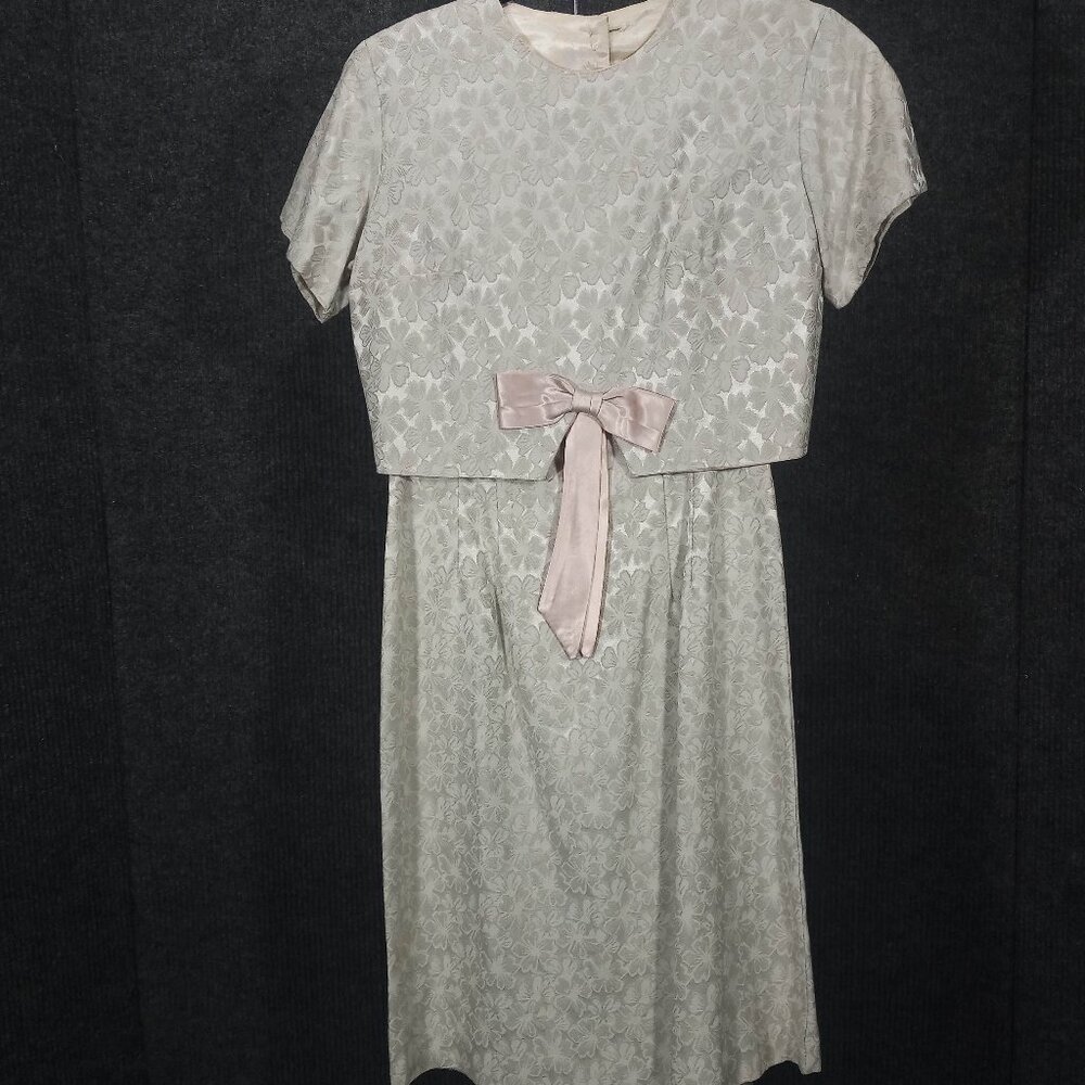 1950's Vintage Sage Brocade Shift with Bow Top